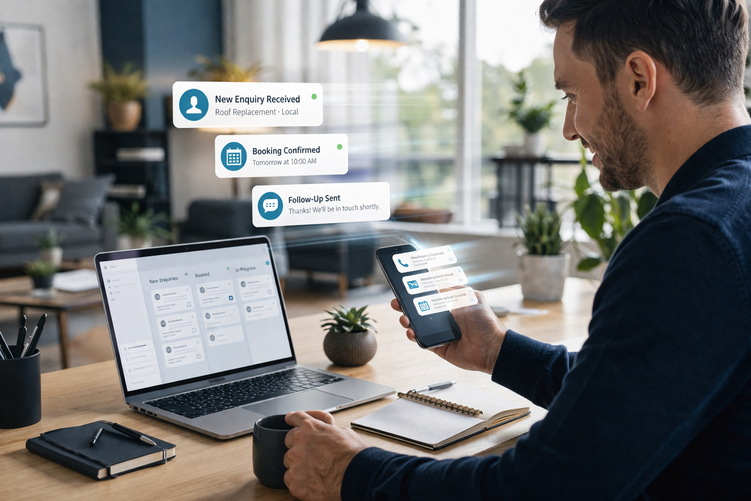 Lead generation dashboard with enquiry, booking and follow-up notifications
