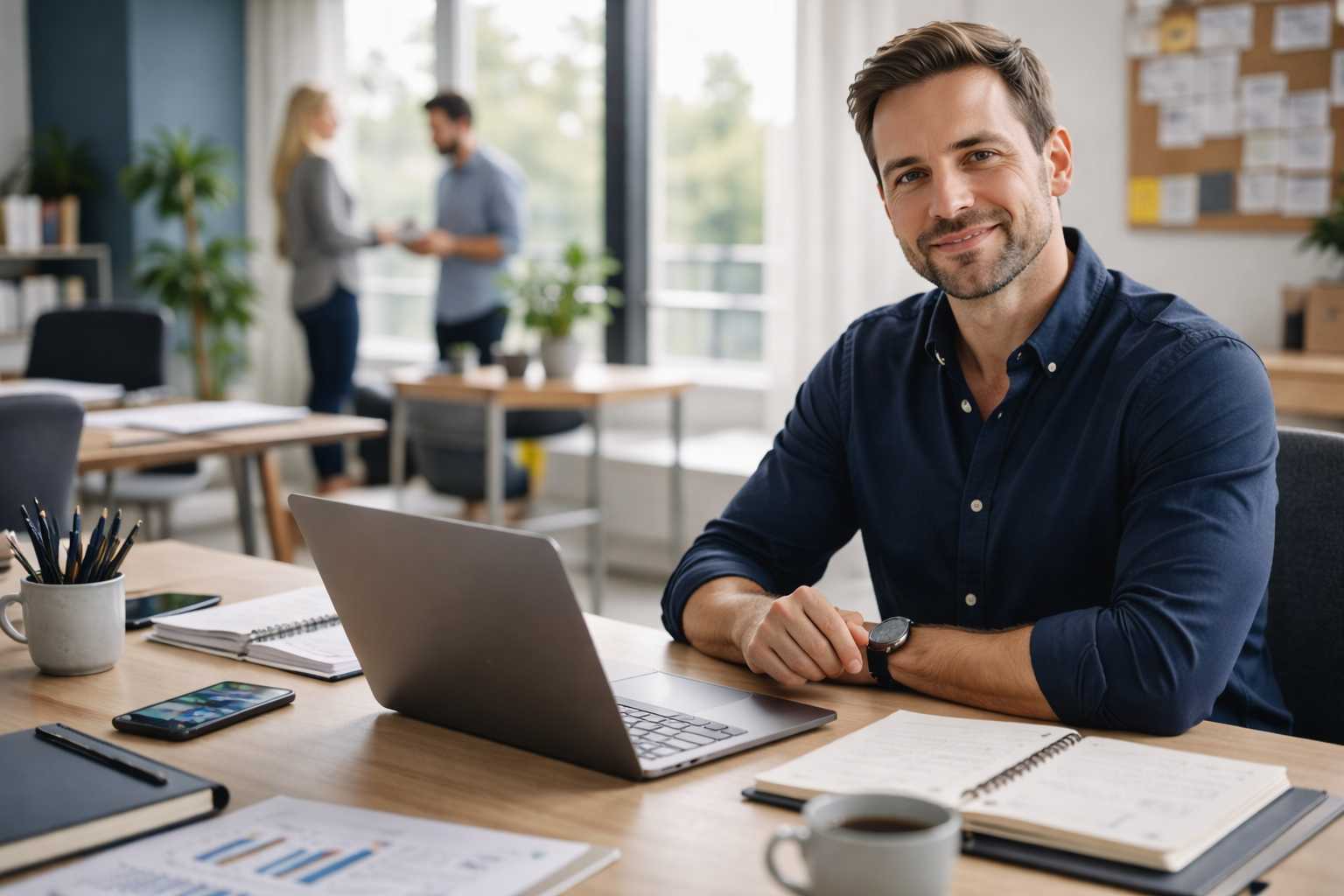 Business owner reviewing growth plans at a desk